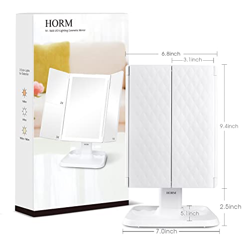 Makeup Mirror Vanity Mirror with Lights - 3 Color Lighting Modes 72 LED Trifold Mirror, 1x/2x/3x Magnification, Touch Control Design, Portable High Definition Cosmetic Lighted Up Mirror