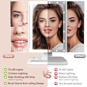 Makeup Mirror Vanity Mirror with Lights - 3 Color Lighting Modes 72 LED Trifold Mirror, 1x/2x/3x Magnification, Touch Control Design, Portable High Definition Cosmetic Lighted Up Mirror