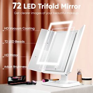 Makeup Mirror Vanity Mirror with Lights - 3 Color Lighting Modes 72 LED Trifold Mirror, 1x/2x/3x Magnification, Touch Control Design, Portable High Definition Cosmetic Lighted Up Mirror