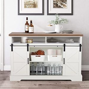 mfstudio farmhouse coffee bar cabinet, 52" sideboard buffet storage cabinet tv stand with sliding barn door for kitchen dining room living room, ivory