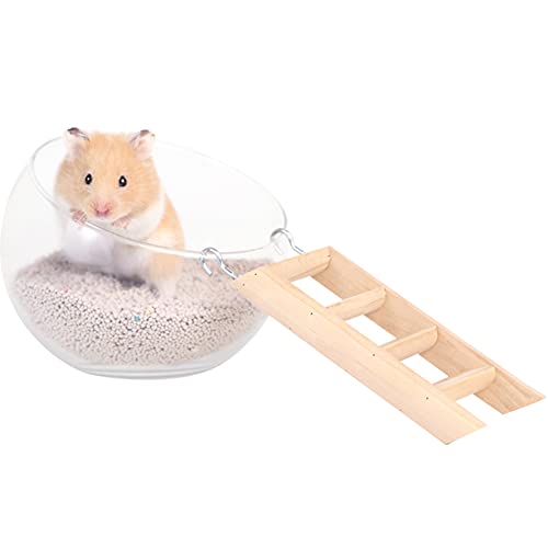 Kelendle Hamster Glass Bathroom with Wooden Ladder Transparent Glass Hamster Toilet Hamster Sand Bath Container Small Animal Cage Accessories for Indoor and Outdoor Decoration