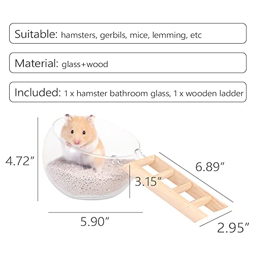 Kelendle Hamster Glass Bathroom with Wooden Ladder Transparent Glass Hamster Toilet Hamster Sand Bath Container Small Animal Cage Accessories for Indoor and Outdoor Decoration