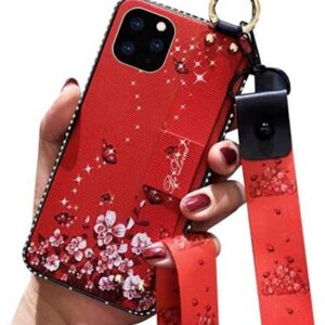 for iPhone 13 Pro Max Case Girl Woman Design,Luxury Glitter Cute Flower Slim TPU Bumper Cover with Loopy Ring,Foldable Wrist Strap Stand Phone Case with Neck Lanyard for iPhone 13 Pro Max 6.7'' Red