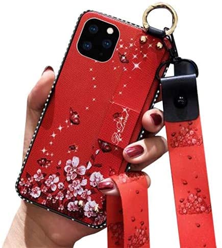 for iPhone 13 Pro Max Case Girl Woman Design,Luxury Glitter Cute Flower Slim TPU Bumper Cover with Loopy Ring,Foldable Wrist Strap Stand Phone Case with Neck Lanyard for iPhone 13 Pro Max 6.7'' Red