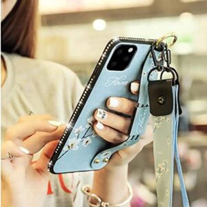 for iPhone 13 Pro Max Case Girl Woman Design,Luxury Glitter Cute Flower Slim TPU Bumper Cover with Loopy Ring,Foldable Wrist Strap Stand Phone Case with Neck Lanyard for iPhone 13 Pro Max 6.7'' Red