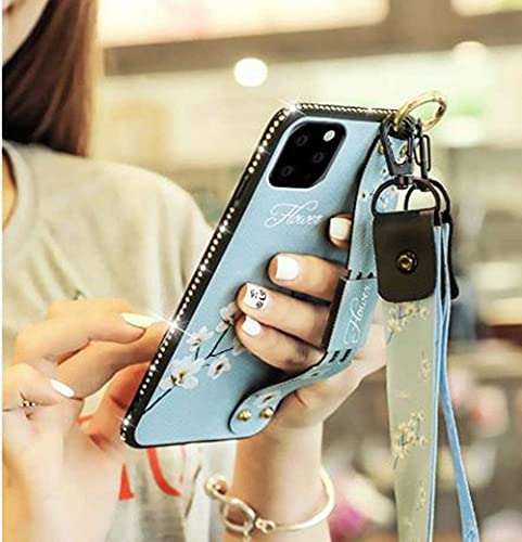 for iPhone 13 Pro Max Case Girl Woman Design,Luxury Glitter Cute Flower Slim TPU Bumper Cover with Loopy Ring,Foldable Wrist Strap Stand Phone Case with Neck Lanyard for iPhone 13 Pro Max 6.7'' Red