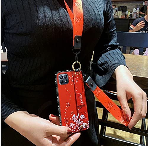 for iPhone 13 Pro Max Case Girl Woman Design,Luxury Glitter Cute Flower Slim TPU Bumper Cover with Loopy Ring,Foldable Wrist Strap Stand Phone Case with Neck Lanyard for iPhone 13 Pro Max 6.7'' Red