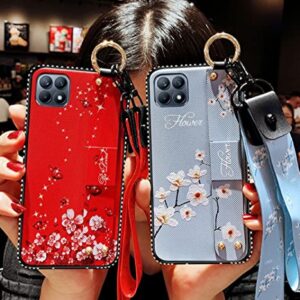 for iPhone 13 Pro Max Case Girl Woman Design,Luxury Glitter Cute Flower Slim TPU Bumper Cover with Loopy Ring,Foldable Wrist Strap Stand Phone Case with Neck Lanyard for iPhone 13 Pro Max 6.7'' Red