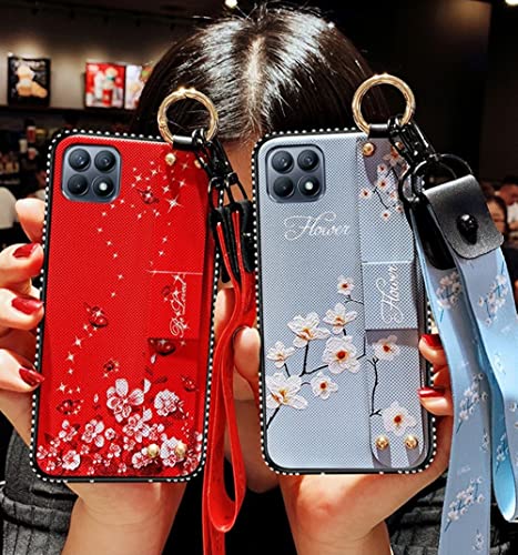 for iPhone 13 Pro Max Case Girl Woman Design,Luxury Glitter Cute Flower Slim TPU Bumper Cover with Loopy Ring,Foldable Wrist Strap Stand Phone Case with Neck Lanyard for iPhone 13 Pro Max 6.7'' Red