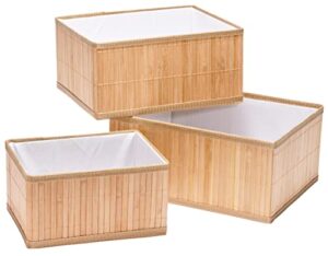 bamboo storage baskets, set of 3; all-natural organizer bins with fabric liner on inside; boxes great for kitchen, pantry, bathroom, closets, storage, shelving, toys; 3 sizes: small, medium, large