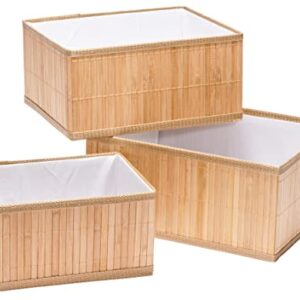 Bamboo Storage Baskets, Set of 3; All-Natural Organizer Bins with Fabric Liner on Inside; Boxes Great for Kitchen, Pantry, Bathroom, Closets, Storage, Shelving, Toys; 3 Sizes: Small, Medium, Large