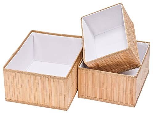 Bamboo Storage Baskets, Set of 3; All-Natural Organizer Bins with Fabric Liner on Inside; Boxes Great for Kitchen, Pantry, Bathroom, Closets, Storage, Shelving, Toys; 3 Sizes: Small, Medium, Large