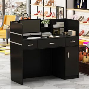 homsee modern reception desk with 3 drawers, 1 door storage cabinet & hutch shelf, office wooden computer desk, writing study table pc laptop desk, black (47.3" l x 18.3" w x 43.3" h)