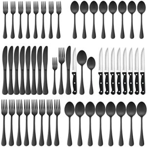 black silverware set with steak knives, 48-piece haware stainless steel flatware cutlery set for 8, fancy eating utensils set for home restaurant hotel, include knives, forks, spoons, dishwasher safe