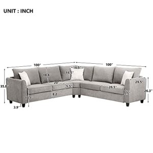 Melpomene 100"x100" inches Oversized Fabric Grey Sectional Sofa Couch L Shape Corner Couch for Living Room/Home/Company 3 Pillows Included