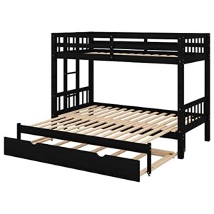 Twin Over Double Twin Bunk Bed with Trundle, Convertible Bottom Bed, Pull-Out Multi-Functional Bunk Bed Can for 4 People, Wooden Bunk Bed with Ladder and Safety Rail, Espresso