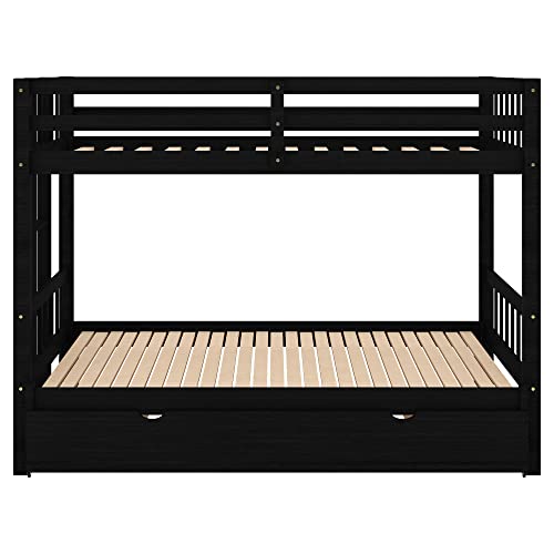 Twin Over Double Twin Bunk Bed with Trundle, Convertible Bottom Bed, Pull-Out Multi-Functional Bunk Bed Can for 4 People, Wooden Bunk Bed with Ladder and Safety Rail, Espresso