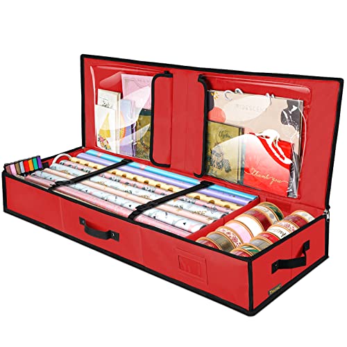 BALEINE Christmas Wrapping Paper Storage Organizer with Flexible Partitions and Pockets, 40" Durable 600D Oxford Fabric Gift Wrap Storage Bag Fits Ribbon, Ornaments, Holiday Accessories (Red)