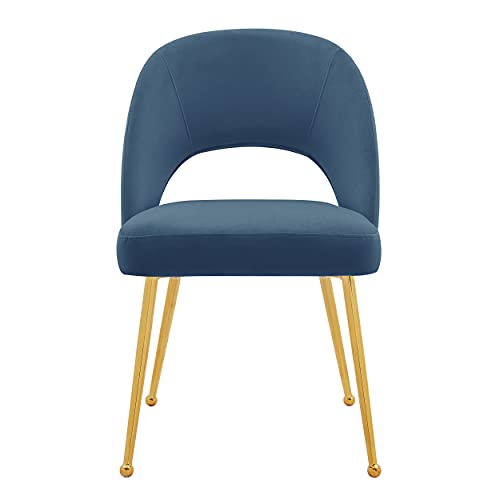 Iconic Home Welburn Dining Side Chair Velvet Upholstered Open Back Design Gold Plated Solid Metal Legs (Set of 2) Modern Contemporary, Blue