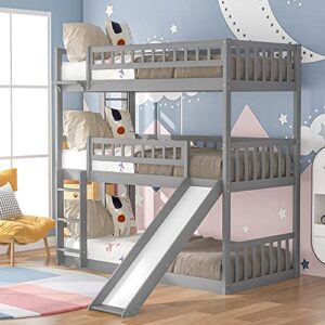 wood twin triple bunk bed, kids triple floor bunk beds with slide, 3 bunk beds twin over twin over twin size, converted bunk beds. grey