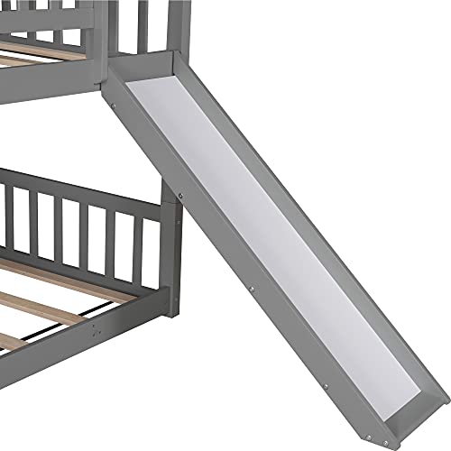 Wood Twin Triple Bunk Bed, Kids Triple Floor Bunk Beds with Slide, 3 Bunk Beds Twin Over Twin Over Twin Size, Converted Bunk Beds. Grey