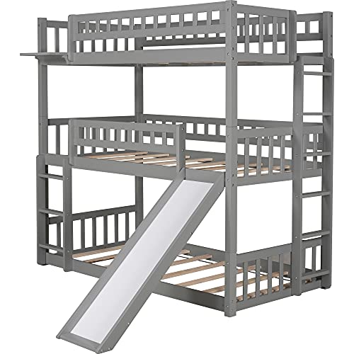 Wood Twin Triple Bunk Bed, Kids Triple Floor Bunk Beds with Slide, 3 Bunk Beds Twin Over Twin Over Twin Size, Converted Bunk Beds. Grey