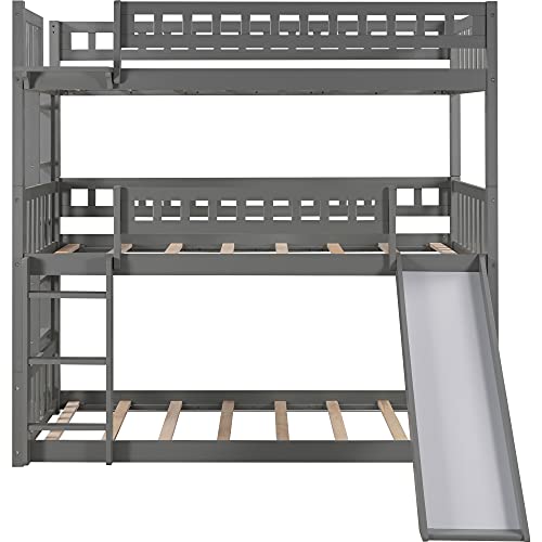 Wood Twin Triple Bunk Bed, Kids Triple Floor Bunk Beds with Slide, 3 Bunk Beds Twin Over Twin Over Twin Size, Converted Bunk Beds. Grey