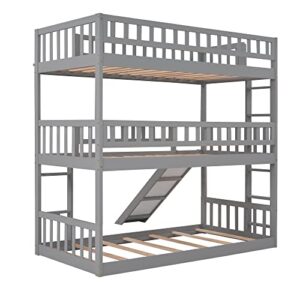 Wood Twin Triple Bunk Bed, Kids Triple Floor Bunk Beds with Slide, 3 Bunk Beds Twin Over Twin Over Twin Size, Converted Bunk Beds. Grey