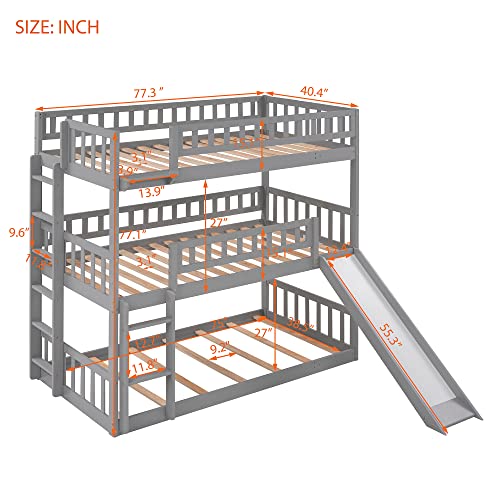 Wood Twin Triple Bunk Bed, Kids Triple Floor Bunk Beds with Slide, 3 Bunk Beds Twin Over Twin Over Twin Size, Converted Bunk Beds. Grey