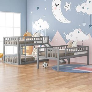 Wood Twin Triple Bunk Bed, Kids Triple Floor Bunk Beds with Slide, 3 Bunk Beds Twin Over Twin Over Twin Size, Converted Bunk Beds. Grey