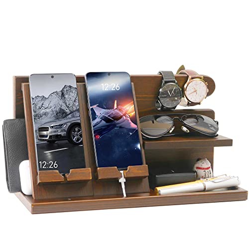 Phone Docking Station for Men Wood Nightstand Organizer Key Holder Wallet Stand Watch Husband Wife Anniversary Dad Man Gifts for Birthday