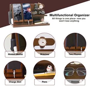 Phone Docking Station for Men Wood Nightstand Organizer Key Holder Wallet Stand Watch Husband Wife Anniversary Dad Man Gifts for Birthday