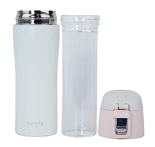 DEDEYA Samily 16oz/473ml Stainless Steel Vacuum Insulated Glass Bottle featured with an easy open flip-top cap, with glass liner inside. keep beverage hot or cold for hours.（Pink Lid ）