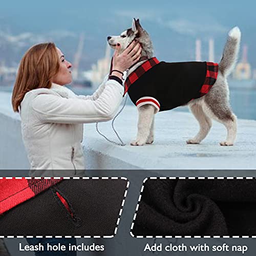 Kuoser Dog Sweater, Fleece Lined Warm Pullover Dog Jacket,Windproof Dog Winter Coat Pet Apparel Outfit, Plaid Thickening Dog Knitwear Sweatershirt with Leash Hole for Small Medium Dogs Cats