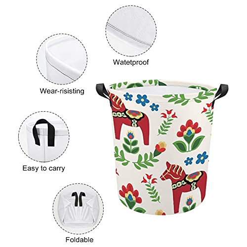 Laundry Hamper Basket Swedish Folk Dala Horses Laundry Bag Collapsible Oxford Cloth Stylish Home Storage Bin with Handles