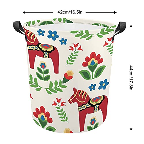 Laundry Hamper Basket Swedish Folk Dala Horses Laundry Bag Collapsible Oxford Cloth Stylish Home Storage Bin with Handles