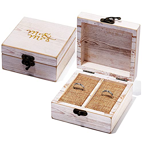 Wood Ring Box for Wedding Valentine's Day Ceremony Wooden Ring Bearer Holder Rustic Mr. & Mrs Decorative Ring Holder Boxes for Marriage Rings and Couple Jewelry