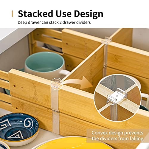 AISHIY Upgrade Bamboo Drawer Divider System,Adjustable Drawer Organizers,Expandable Utensil Organization System for Kitchen,Dressers and Bathroom,4 Divider with 6 Insert and 12 Divider Clips（17-22in）