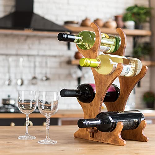 ROSTMARYGIFT Rostmary - Wooden Tabletop Wine Rack - 4 Bottles Horizontal Storage - Foldable Rustic Wine Holder - Elegant Wine Display Stand Countertop for Kitchen, Bar, Cabinets