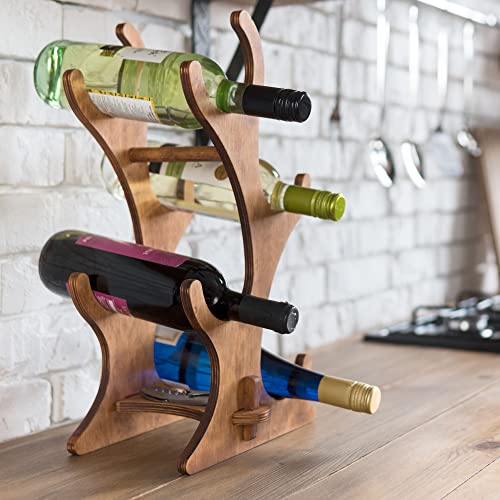 ROSTMARYGIFT Rostmary - Wooden Tabletop Wine Rack - 4 Bottles Horizontal Storage - Foldable Rustic Wine Holder - Elegant Wine Display Stand Countertop for Kitchen, Bar, Cabinets