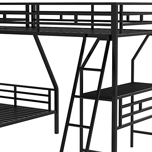 SOFTSEA L-Shaped Metal Triple Bunk Bed with A Loft Bed Attached for 3 Kids, Twin Over Twin Over Full Bunk Beds with Desk, No Box Spring Needed(L-Shaped 3 Bed)