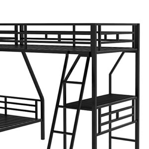 SOFTSEA L-Shaped Metal Triple Bunk Bed with A Loft Bed Attached for 3 Kids, Twin Over Twin Over Full Bunk Beds with Desk, No Box Spring Needed(L-Shaped 3 Bed)