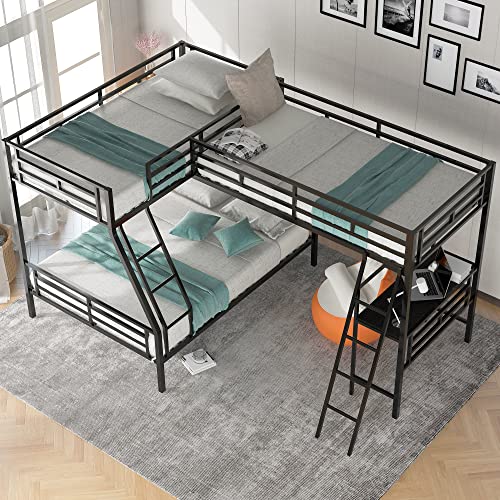 SOFTSEA L-Shaped Metal Triple Bunk Bed with A Loft Bed Attached for 3 Kids, Twin Over Twin Over Full Bunk Beds with Desk, No Box Spring Needed(L-Shaped 3 Bed)