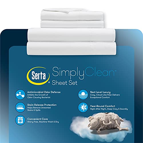 Serta Simply Clean Soft Hypoallergenic Stain Resistant Deep Pocket 4 Pieces Solid Bed Sheet Set, Queen, White