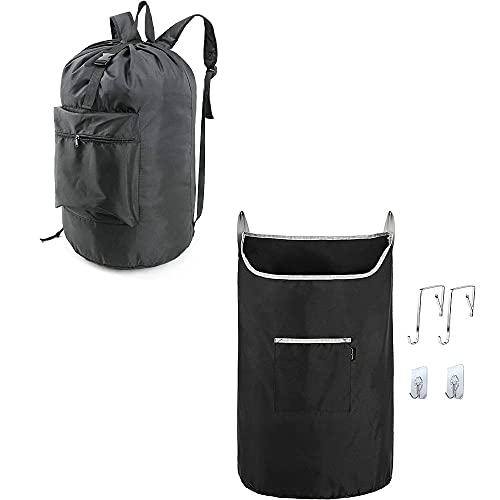 BeeGreen Laundry Bag Backpack with Adjustable Shoulder Straps and Drawstring Closure Heavy Duty and Black Hanging Laundry Hamper Bag X-Large Over The Door Hanging Laundry Bag with 2 Hook