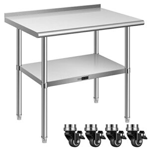 vivohome 24 x 36 inch stainless steel work table with backsplash, food prep commercial table with wheels for restaurant, hotel, home and warehouse