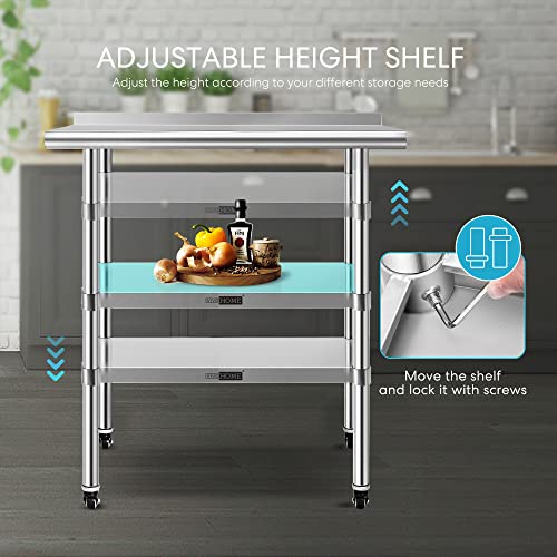 VIVOHOME 24 x 36 Inch Stainless Steel Work Table with Backsplash, Food Prep Commercial Table with Wheels for Restaurant, Hotel, Home and Warehouse