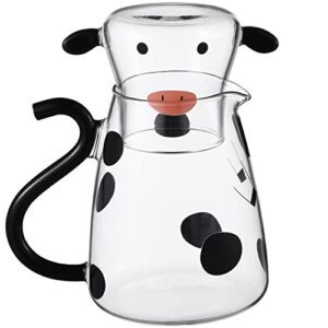 cabilock bedside carafe glass water pitcher cute cow water carafe with glass cup for nightstand 550ml glass pitcher with lid for juice tea milk