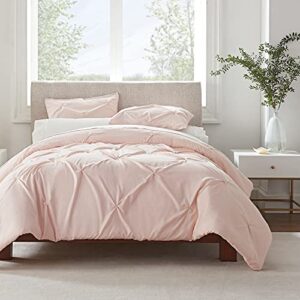 serta simply clean ultra soft 3 piece hypoallergenic stain resistant pleated duvet cover set, full/queen, blush