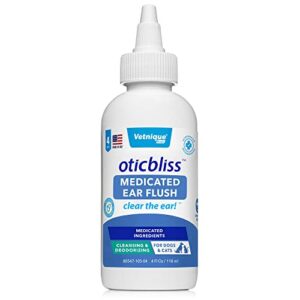 vetnique labs oticbliss ear cleaner wipes/flushes for dogs & cats with odor control and itch relief reduces head shaking - clear the ear (ear cleaning flush, medicated 4oz)